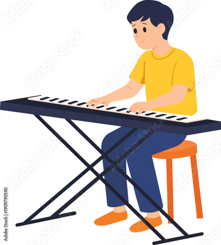 Boy plays piano while seated on chair at home during daytime