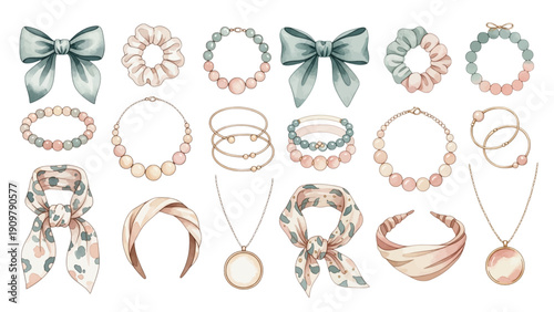 A charming watercolor collection of feminine fashion accessories, including bows, headbands, scarves, necklaces, bracelets, and pastel jewelry.