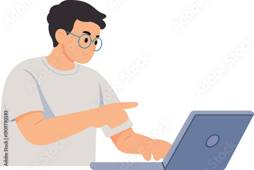 Man points at laptop while working on a task in a simple office setup in a home environment