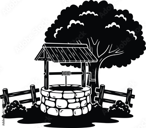 Silhouette style close up stone water well with wooden roof tree and split rail fence in rustic farm scene shaded