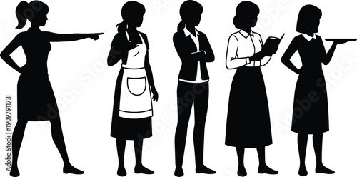 Flat design silhouette of five women in different roles pointing reading serving tray apron business professional side view confident minimalist