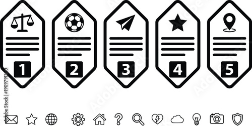 Flat line icon five numbered badge set with legal soccer paper plane star location symbols black white minimalist vector design