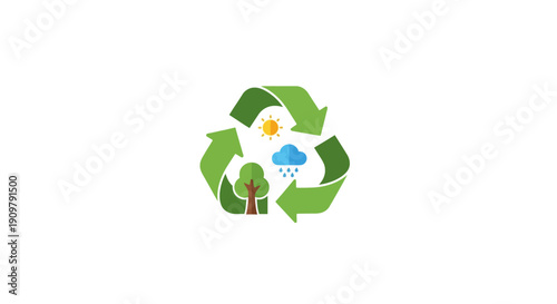 Recycling Symbol with Tree and House.