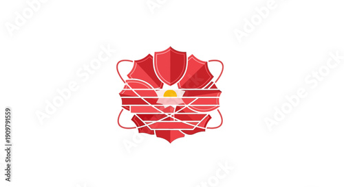 Red surgical face mask with ear loops.