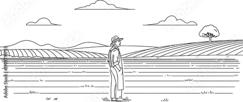 A person standing on a field looking at mountains isolated on transparent background