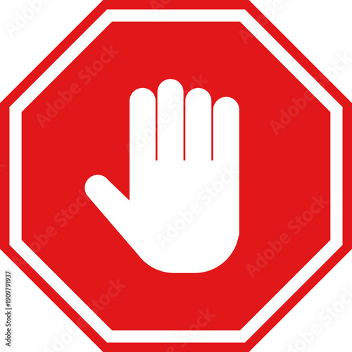 Red stop sign with white open hand symbol indicating halt or prohibition