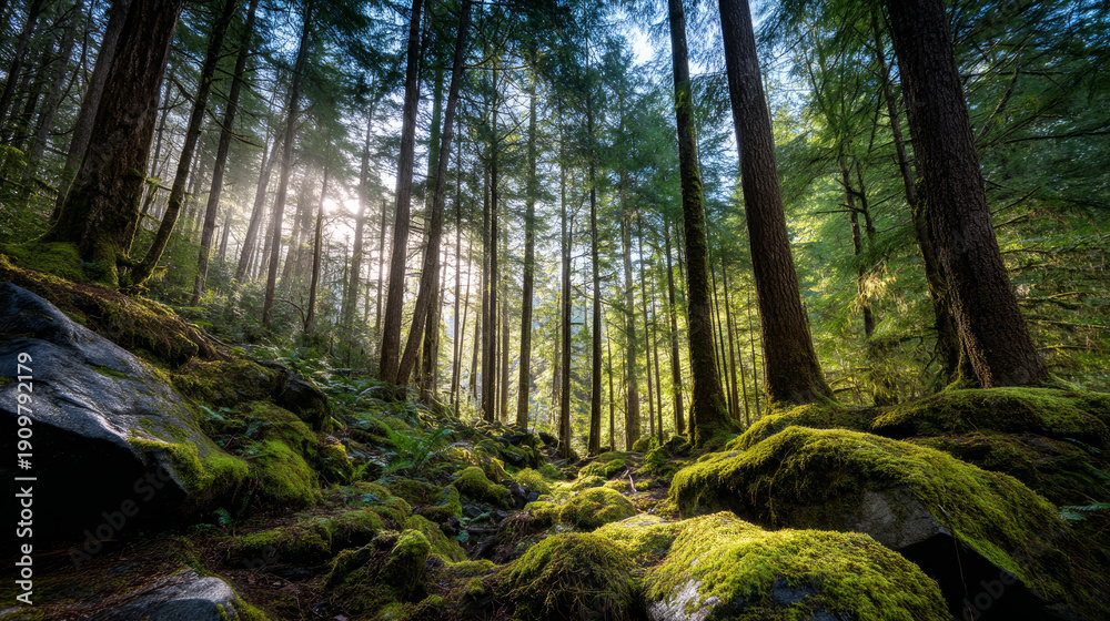 Obraz premium Beautiful forest background for screensaver. with sunbeams. Calm close-up of fairytale forest and nature landscape, panorama. Summer vacation, holiday, amazing nature.