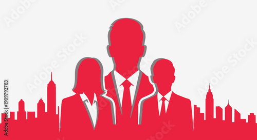 Red silhouettes of business people against city skyline