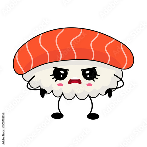 Plain backdrop accentuates rebellious nature of salmon sushi with angry expression