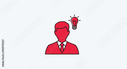A red cartoon man with a lightbulb idea above his head in a business setting