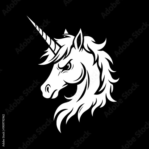 black white unicorn horse profile portrait illustration with horn in fantasy myth style creating bold elegant monochrome magical creature design for logo print poster and tattoo art