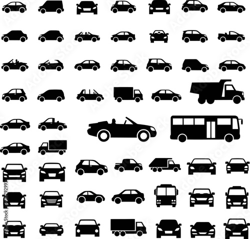 Automobile front and side view black silhouettes vector icon set on background