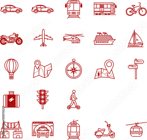 Travel and tourism thin line red icons collection set on transparent background