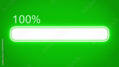 Loading bar reaching 100 percent completion on a bright green screen with glowing white progress bar