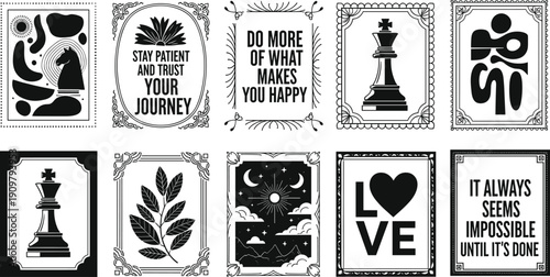 Black and white motivational card set with chess pieces, quotes, nature, and hearts, cad drawing flat vector illustration