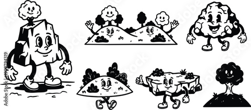 Tattoo flash smiling anthropomorphic rock and hill characters walking waving in retro line art vector playful black white simple outline