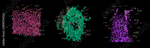 Vibrant neon vector illustration presents three clustered scatter plots of glowing particles with random numbers in pink, teal cyan, and purple hues forming dense data distributions.