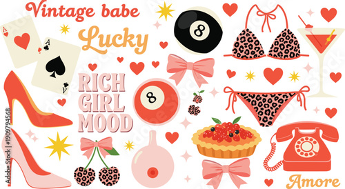Vintage aesthetic set with leopard print bikini, high heels, lucky cards, and retro telephone icons, cad drawing flat vector illustration