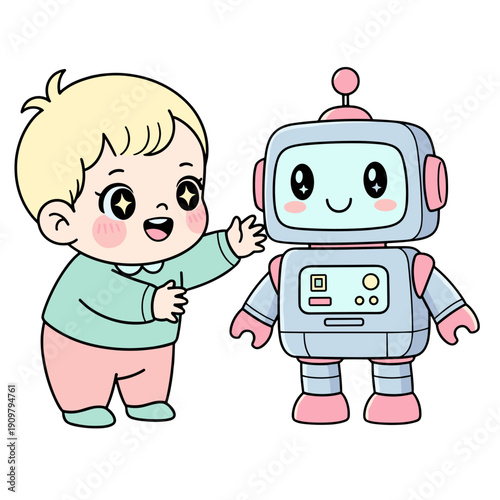 Cute little boy interacting with friendly robot companion
