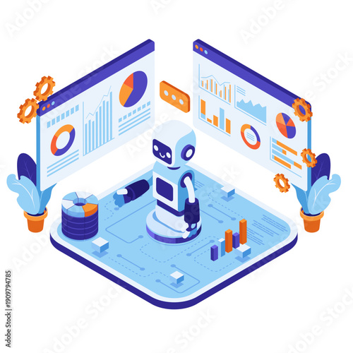 Robot analyzing data on laptop with charts and graphs
