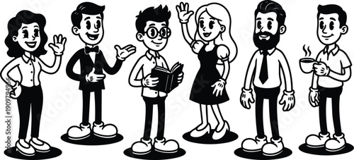 Retro cartoon group of diverse office colleagues waving reading coffee cup standing in flat vector style with smiling expressions friendly