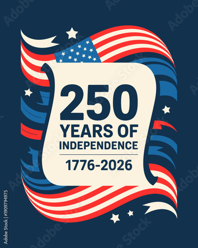 American patriotic poster celebrating 250 years of independence with flag design elements