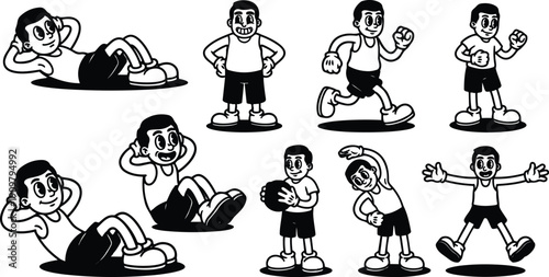 Vintage cartoon rubber hose boy exercising multiple poses set black and white vector sit ups running stretching holding ball jumping
