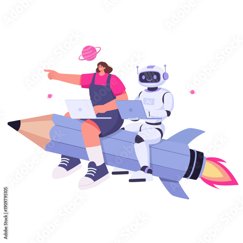 Woman and robot launching into digital innovation with laptops