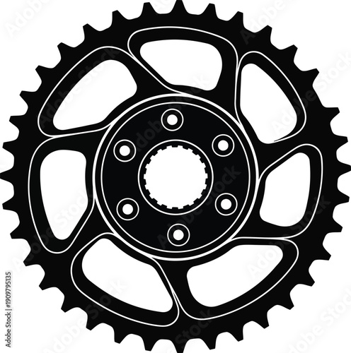 A stark black and white illustration depicts a bicycle chainring showcasing its intricate tooth design and central mounting structure high quality