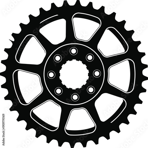 a detailed black and white illustration features a single circular bicycle chainring with prominent teeth and a central hub design