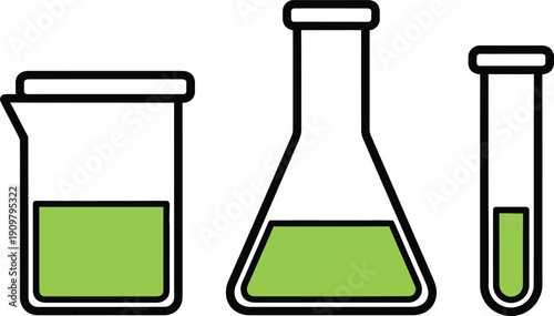 a simple illustration depicts three different types of laboratory glassware containing a vibrant green liquid substance outlined in black high quality