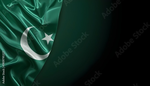 The Pakistani flag waving in the wind with a green and white color scheme