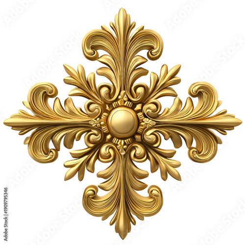 Golden Baroque Floral Ornament with Intricate Details Isolated on White Background
