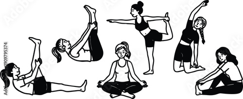 Minimalist line art yoga sequence women performing stretching balancing and meditation poses studio view matless flat vector illustration calm breathing