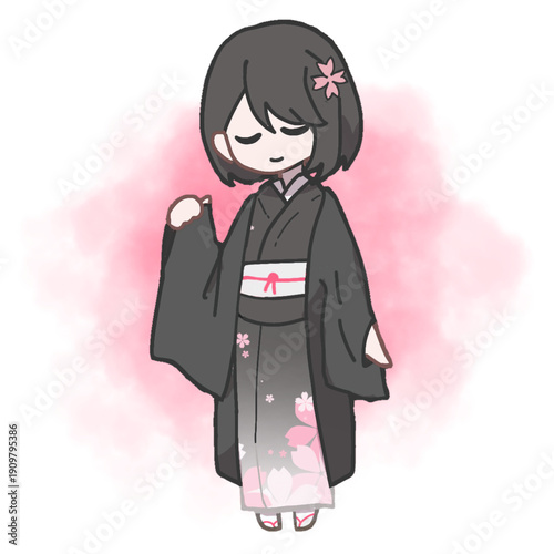 Cute anime girl in traditional Japanese kimono with pink flowers