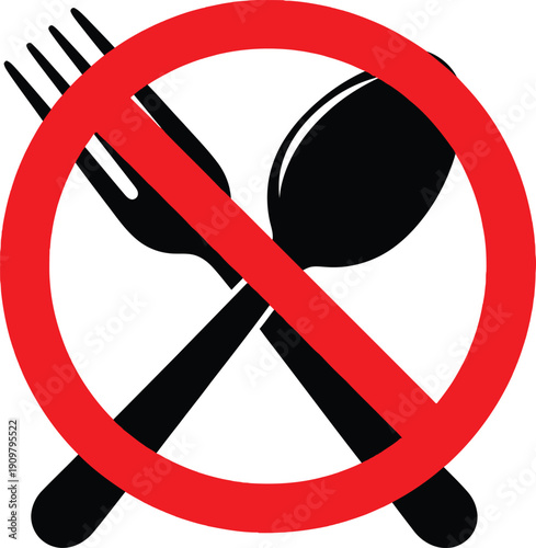 A striking visual representation depicts a prohibition sign featuring a crossed fork and spoon clearly indicating no food or eating is allowed