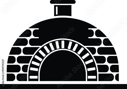 a simple black and white illustration depicts a traditional brick oven with a rounded opening and chimney showcasing rustic cooking