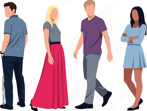 Faceless flat vector illustration of diverse young men and women in stylish casual outfits standing, walking, and posing