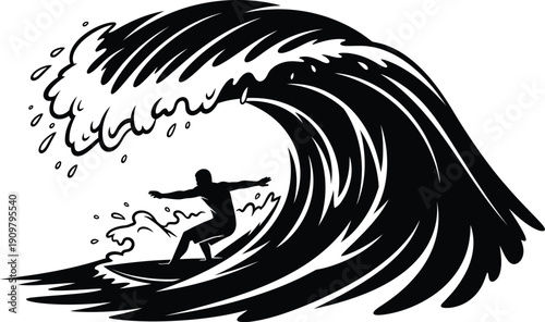 a striking black and white illustration depicts a surfer skillfully riding a powerful curling ocean wave with spray and motion