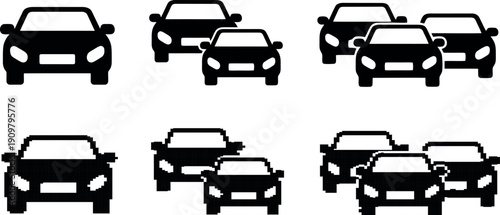 Black silhouettes of cars in varying sizes arranged in rows on transparent background