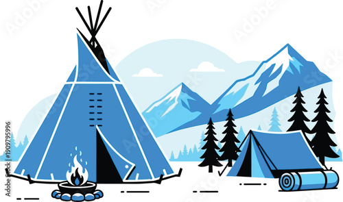 a serene illustration depicts a blue teepee with a campfire alongside mountains pine trees and a camping setup evoking a peaceful outdoor scene
