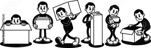 Retro cartoon showing sad single mover carrying boxes packing unpacking from box struggling with heavy parcel in black and white
