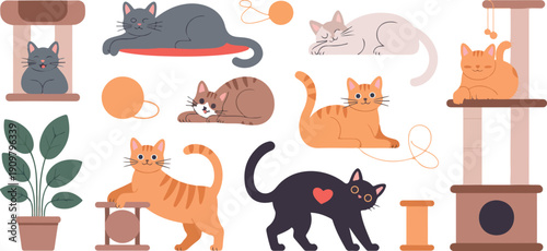 Cute Domestic Cats Outline Illustration Set Playful Kittens with Toys and Scratching Posts