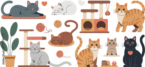 Cute Domestic Cats Outline Illustration Set Playful Kittens with Toys and Scratching Posts