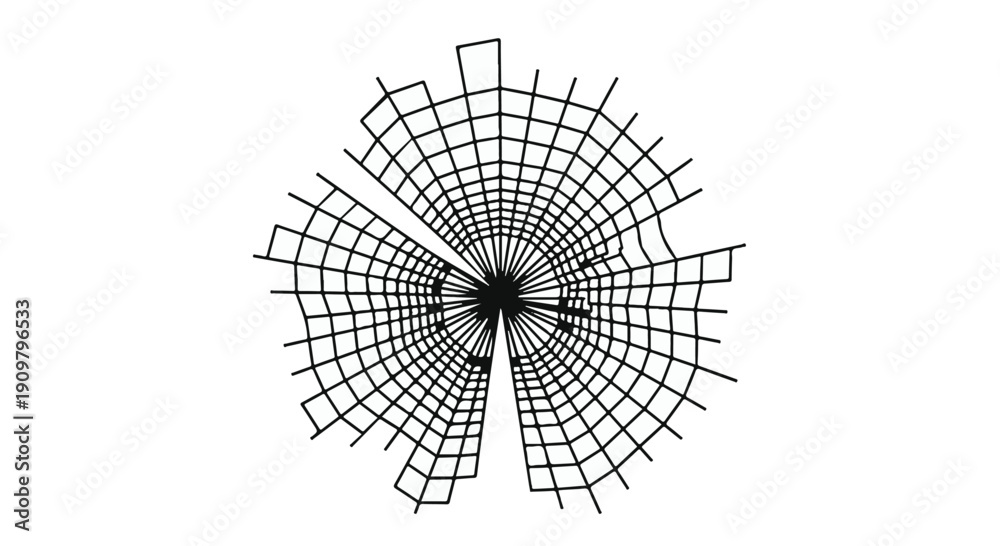 Obraz premium Geometric abstract black and white line art design with radial grid pattern and optical illusion effect on white background