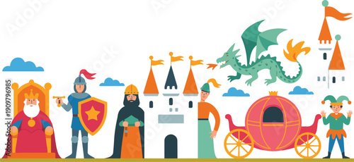 Medieval Fairy Tale Outline Character Set Royalty, Knight, and Castle