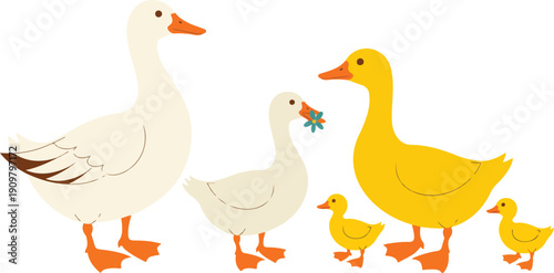 Cute Goose and Duck Outline Family Set Chicks and Parent Birds