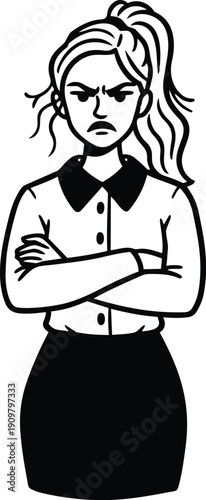 Line art angry woman with crossed arms looking at camera wearing white blouse black skirt office outfit minimalist vector illustration