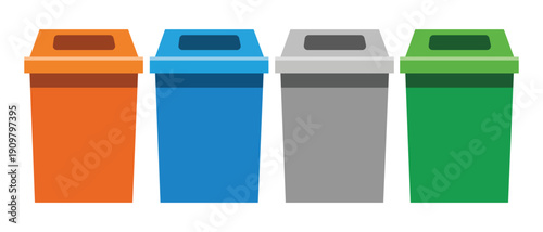 Waste management colorful recycling bins flat vector illustration with orange blue grey green
