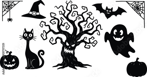 Flat design spooky halloween silhouette composition with twisted haunted tree ghost black cat pumpkins bat witch hat cobweb corner spider